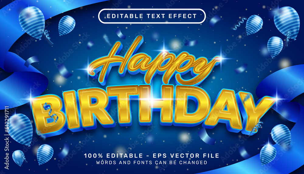 happy birthday 3d editable text effect gold and blue color