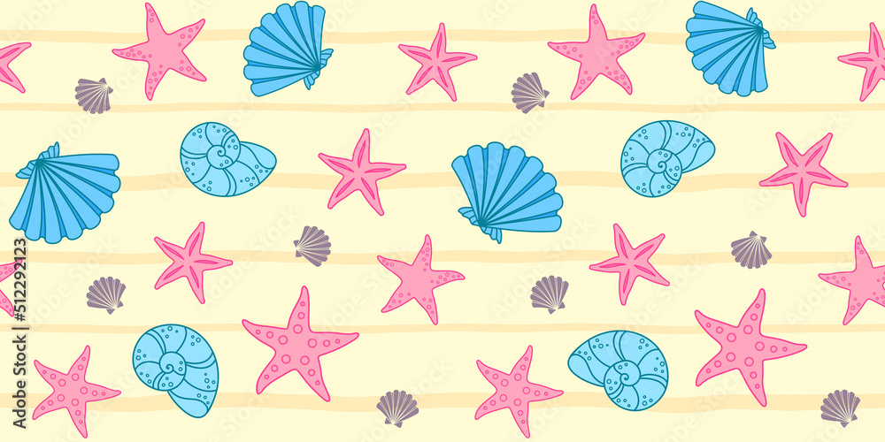 Pink starfish and blue seashells on a yellow striped background. Summer endless texture. Vector seamless pattern for wrapping paper, packaging, wrapper, surface texture, cover and printing on clothes Pink starfish and blue seashells on a yellow striped background. Summer endless texture. Vector seamless pattern for wrapping paper, packaging, wrapper, surface texture, cover and printing on clothes