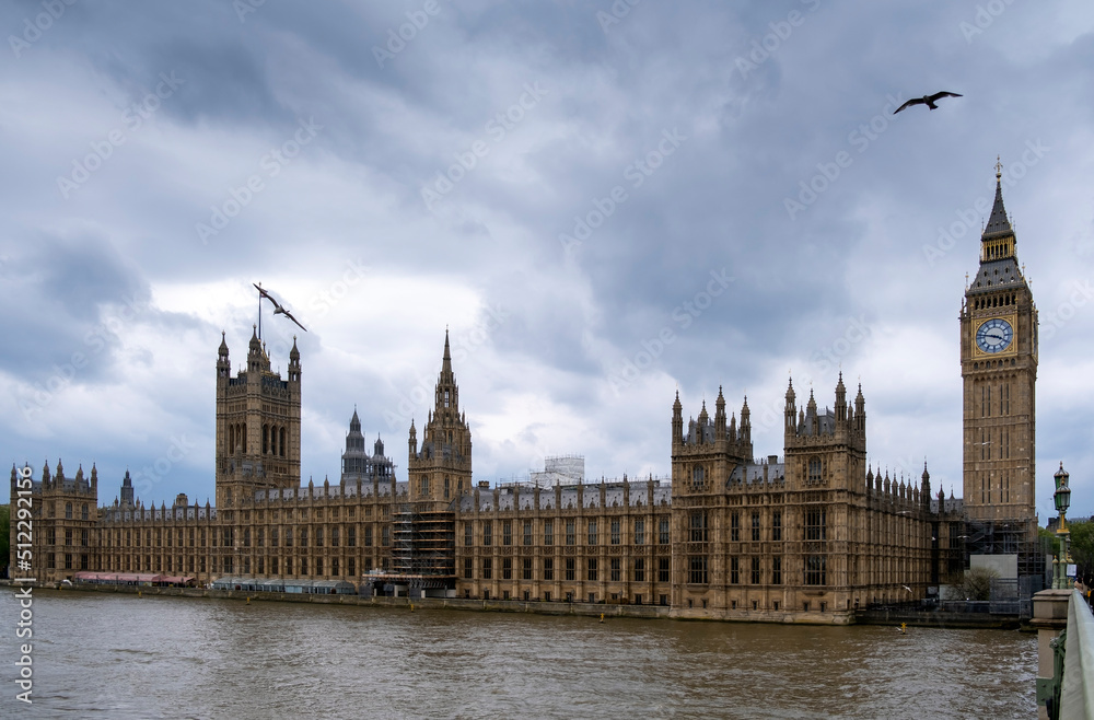 Panoramic view of Westminster Palace and Big Ben tower on River Thames, London