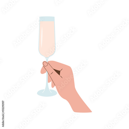 Female or male hand holding glass of prosecco champagne or mimosa cocktail. Flute tulip glass with sparkling wine. Alcohol drink, summer aperitif, alcoholic beverage. Isolated flat vector illustration