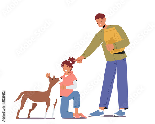 Friendly Children Characters Feeding Dog Isolated on White Background. Kids Giving Food to Homeless Puppy in Shelter