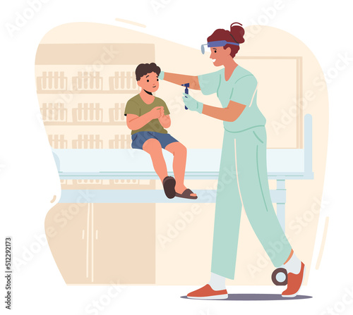 Child at Doctor Appointment in Hospital. Ent Examining Ears of Kid. Otolaryngologist Character Checking Boy Patient