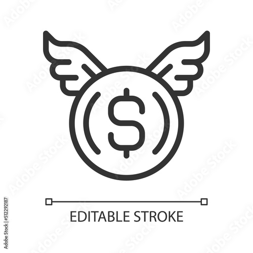 Donating money pixel perfect linear icon. Spending cash. Charitable organization. Charity donation. Thin line illustration. Contour symbol. Vector outline drawing. Editable stroke. Arial font used