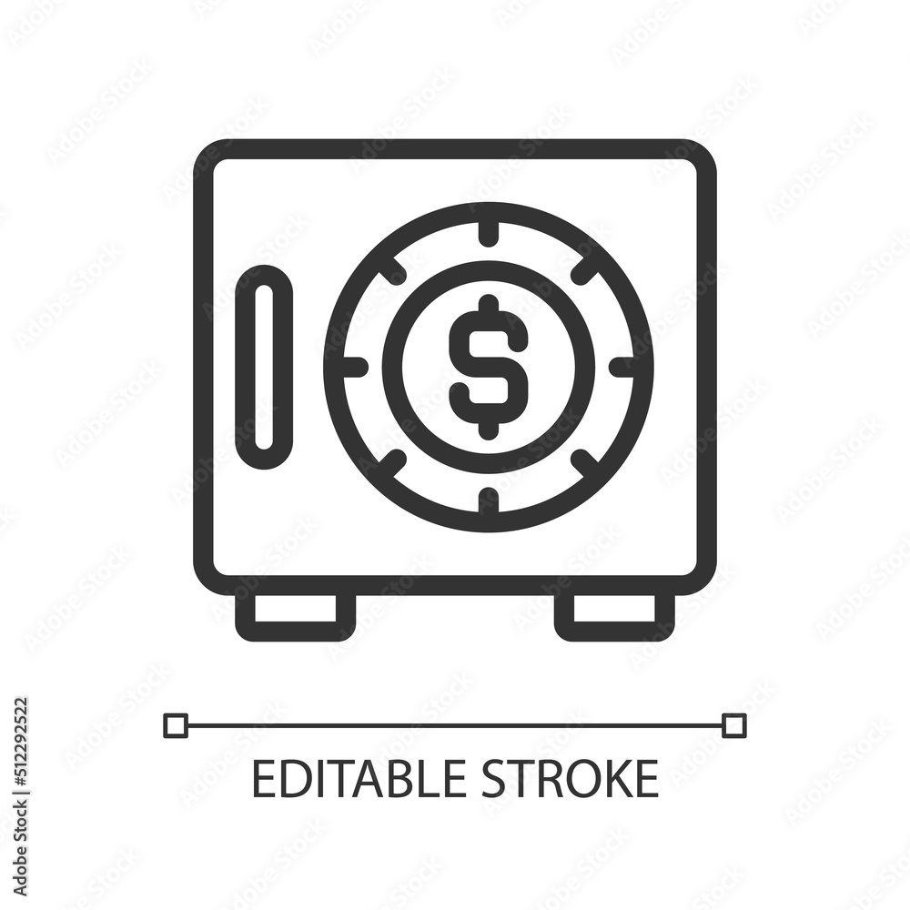 Safe pixel perfect linear icon. Cash box. Secure container for storing money. Storage space. Thin line illustration. Contour symbol. Vector outline drawing. Editable stroke. Arial font used Safe pixel perfect linear icon. Cash box. Secure container for storing money. Storage space. Thin line illustration. Contour symbol. Vector outline drawing. Editable stroke. Arial font used