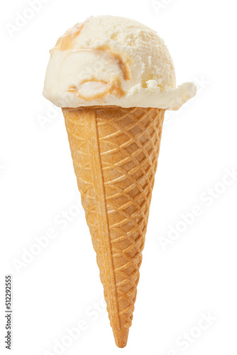 waffle cone white with caramel ball of ice cream isolated on white background, close up