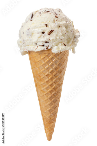 waffle cone white with chocolate chips scoop of ice cream isolated on white background, close up