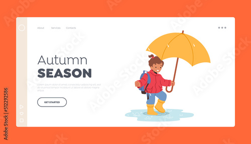 Autumn Season Landing Page Template. Cheerful Smiling Child with Umbrella and Rucksack Walk by Puddles at Rainy Weather