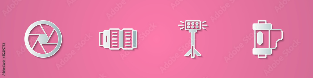 Set paper cut Camera shutter, photo lens, Studio light bulb in softbox and film roll cartridge icon. Paper art style. Vector Set paper cut Camera shutter, photo lens, Studio light bulb in softbox and film roll cartridge icon. Paper art style. Vector