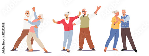 Senior Couples Dance, Elderly People Romantic Loving Relations Concept. Happy Old Men and Women Dancing or Dating