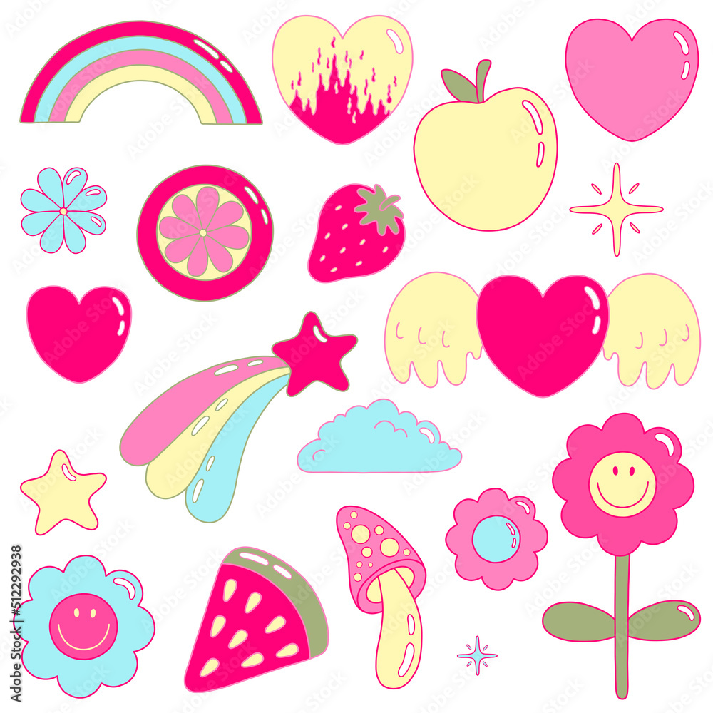 Vector illustration set from y2k vibe. Nostalgia for the 2000 years. Heart, star, mushroom, apple, strawberry, watermelon, flowers, rainbow, cloud
