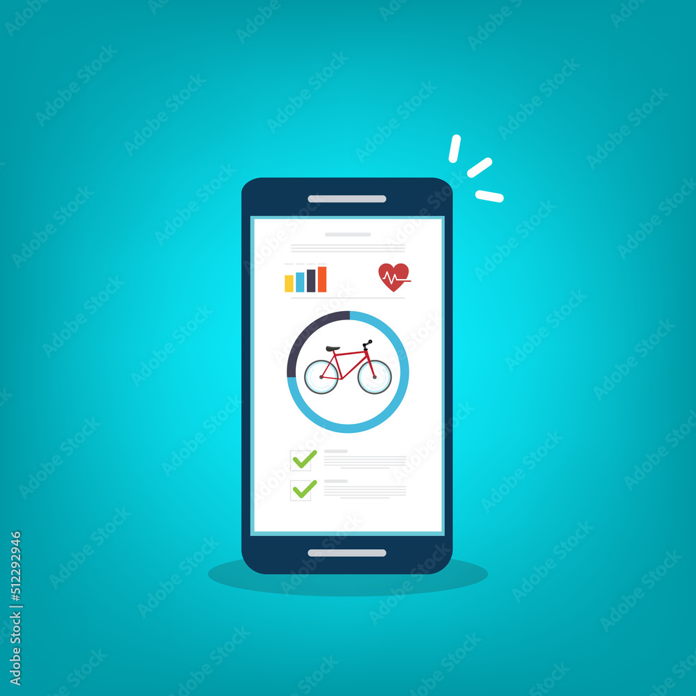 Bicycle, Cycling, Fitness tracking app on mobile phone screen. Bicycle, Cycling, Fitness tracking app on mobile phone screen.