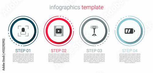 Set Camera focus frame line, film roll cartridge, Studio light bulb softbox and Battery for camera. Business infographic template. Vector