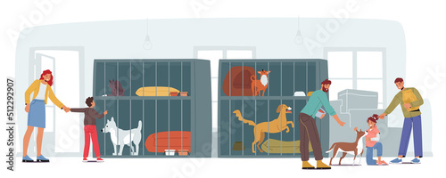 Pound, Rehabilitation or Adoption Center for Stray and Homeless Animals. Smiling Family Parents and Kids Adopting Pet