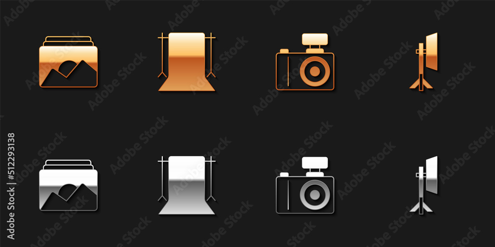 Set Photo frame, Empty photo studio, camera and Studio light bulb in softbox icon. Vector Set Photo frame, Empty photo studio, camera and Studio light bulb in softbox icon. Vector