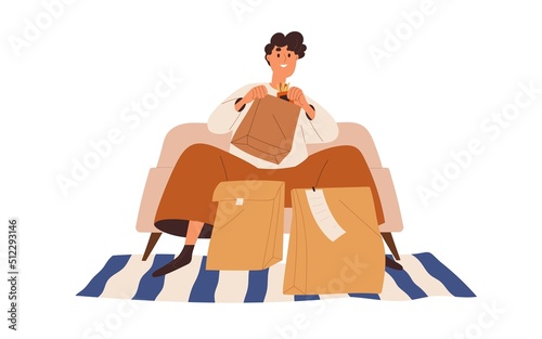 Person unpacking delivered takeaway fast food, sitting on sofa at home. Happy man opening delivery bag with fastfood snacks and relaxing alone. Flat vector illustration isolated on white background