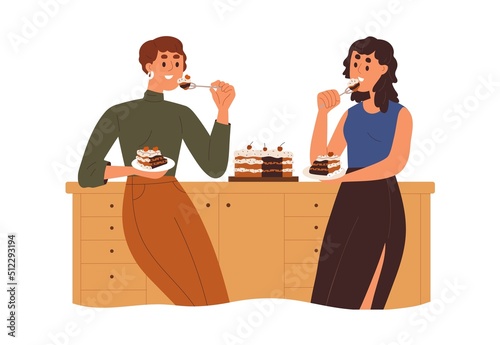Happy women eating birthday cake, standing with pie pieces. Office workers talking, celebrating smth with sweet dessert, tasting sugar food. Flat vector illustration isolated on white background