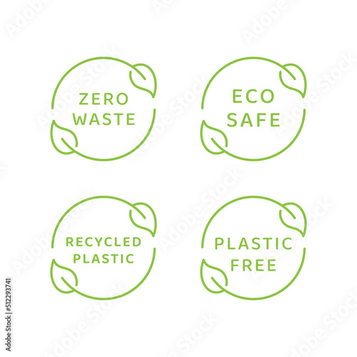 Eco safe, zero waste and recycled material. Vector label set, plastic free, eco friendly with leaf cycle.