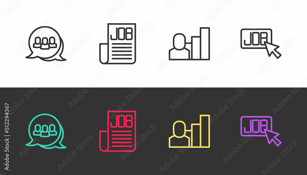 Set line Project team base, Search job, Productive human and on black and white. Vector