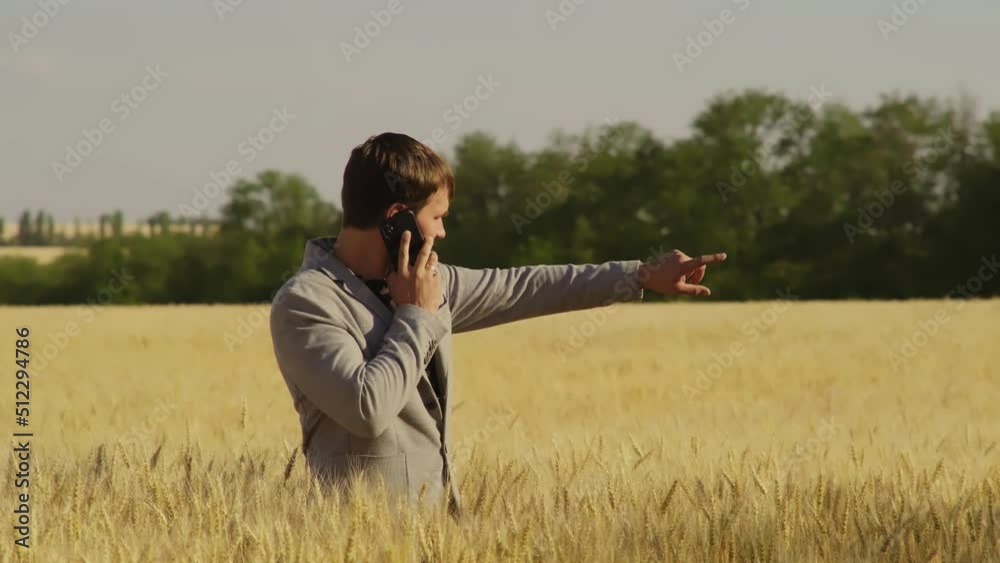 Man agronomist farmer in golden wheat field at sunset. Male looks at the ears of wheat, rear view. Farmers hand touches the ear of wheat at sunset. The agriculturist inspects a field of ripe wheat. Man agronomist farmer in golden wheat field at sunset. Male looks at the ears of wheat, rear view. Farmers hand touches the ear of wheat at sunset. The agriculturist inspects a field of ripe wheat.