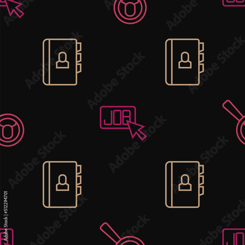 Set line Magnifying glass for search job, Resume and Search on seamless pattern. Vector