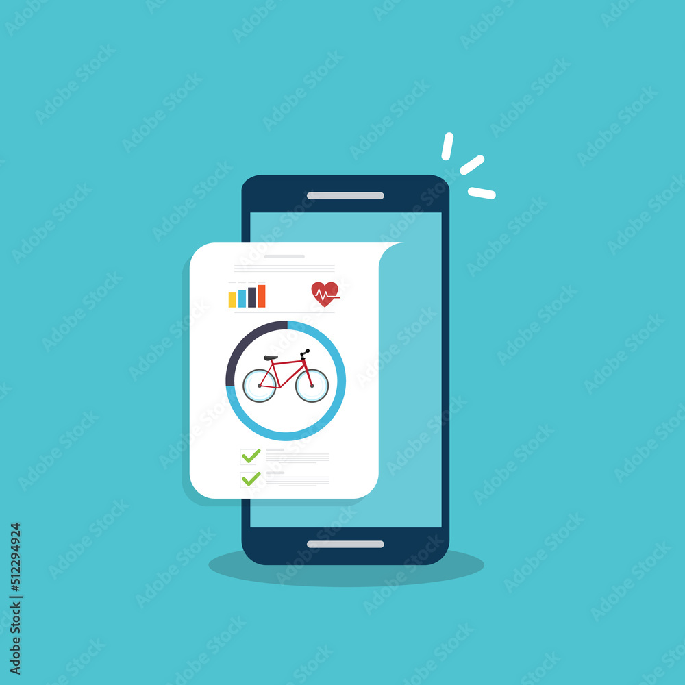 Bicycle, Cycling, Fitness tracking app on mobile phone screen. Bicycle, Cycling, Fitness tracking app on mobile phone screen.