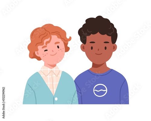 Two happy children. Kids couple, face portrait. Smiling boys friends of different race. Interracial school students, classmates together. Flat vector illustration isolated on white background