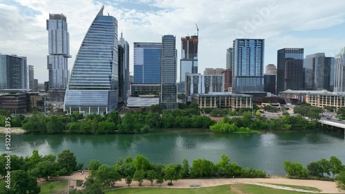 Beautiful cinematic shot of Austin skyline. Skyscrapers in urban downtown city center, home of tech companies in USA.