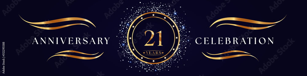 21 Years Anniversary Logo Golden Colored isolated on purple blue background. Poster Design for anniversary event party, wedding, birthday party, ceremony, greetings and invitation card.