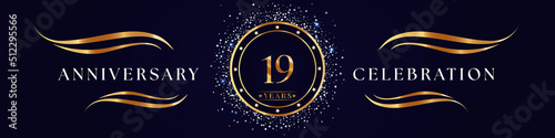 19 Years Anniversary Logo Golden Colored isolated on purple blue background. Poster Design for anniversary event party, wedding, birthday party, ceremony, greetings and invitation card.