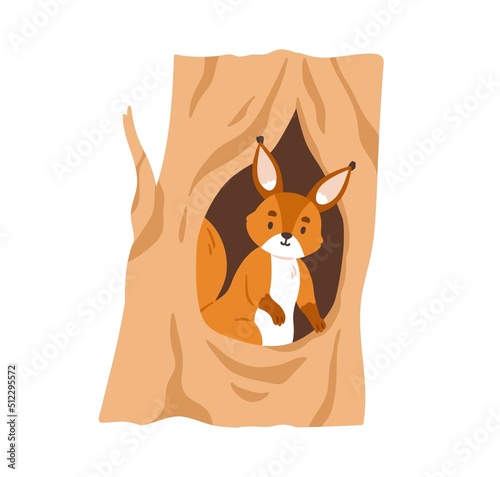 Cute squirrel inside hole house. Small forest animal looking out of tree hollow in woods. Adorable rodent peeking out of shelter in trunk. Flat vector illustration isolated on white background