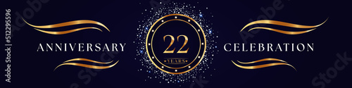22 Years Anniversary Logo Golden Colored isolated on purple blue background. Poster Design for anniversary event party, wedding, birthday party, ceremony, greetings and invitation card.