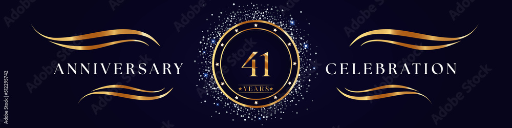 41 Years Anniversary Logo Golden Colored isolated on purple blue background. Poster Design for anniversary event party, wedding, birthday party, ceremony, greetings and invitation card.
