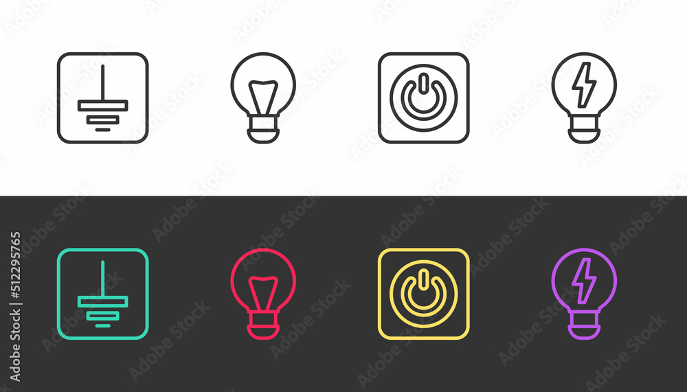 Set line Electrical symbol ground, Creative lamp light idea, Power button and on black and white. Vector Set line Electrical symbol ground, Creative lamp light idea, Power button and on black and white. Vector