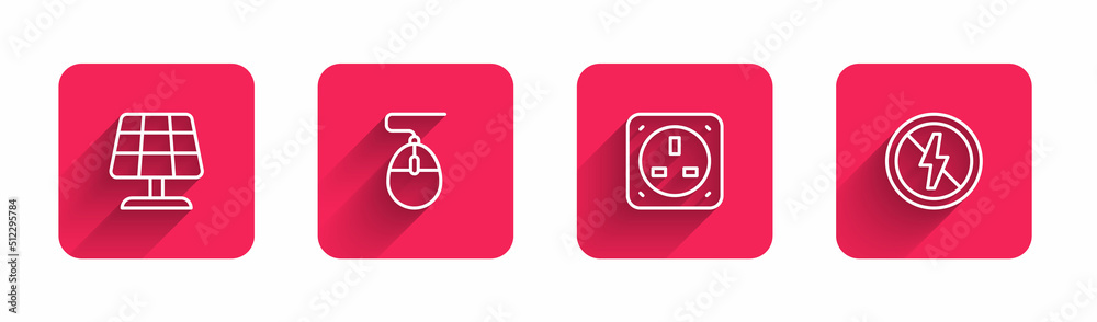 Set line Solar energy panel, Computer mouse, Electrical outlet and No lightning with long shadow. Red square button. Vector Set line Solar energy panel, Computer mouse, Electrical outlet and No lightning with long shadow. Red square button. Vector