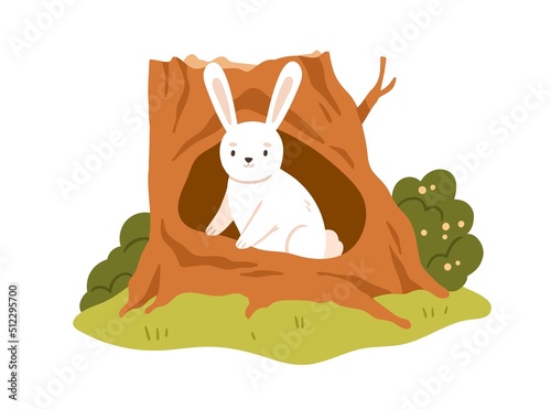 Cute hare in trunk hole. Little forest animal inside woods shelter, tree hollow. Funny adorable wild character in house. Childish flat vector illustration isolated on white background