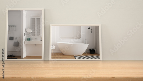 Minimalist mirrors on wooden table  desk or shelf reflecting interior design scene. Classic bathroom with freestanding bathtub. White plaster wall background with copy space