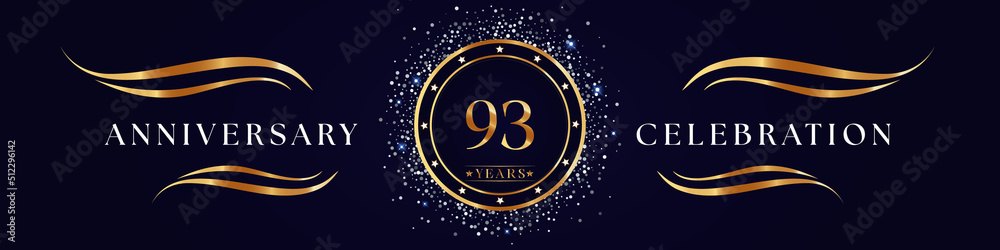 Fototapeta premium 93 Years Anniversary Logo Golden Colored isolated on purple blue background. Poster Design for anniversary event party, wedding, birthday party, ceremony, greetings and invitation card.