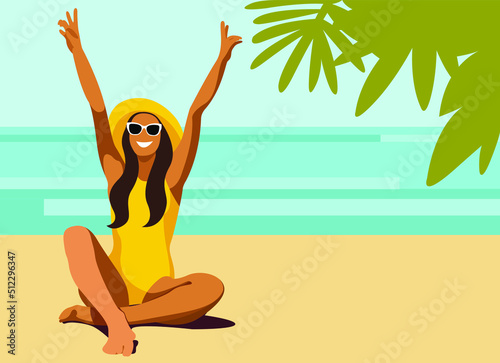 vector illustration a tanned girl in a yellow swimsuit and a hat with raised hands rejoices in the summer on the background of the sea or ocean. useful for advertising summer holidays, beaches, hotels