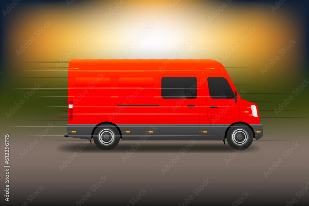 Realistic bus mockup. Red cargo van for delivery. Vector illustration.