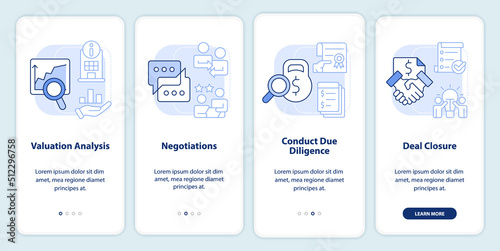 Stages of merger light blue onboarding mobile app screen. Business walkthrough 4 steps editable graphic instructions with linear concepts. UI, UX, GUI template. Myriad Pro-Bold, Regular fonts used