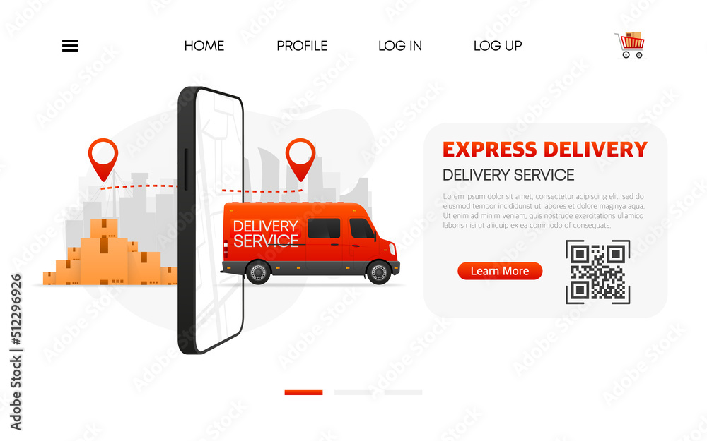 Express Delivery Service concept on phone device. Mobile APP. Red cargo ...