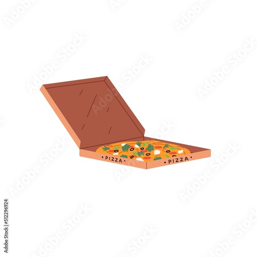 Pizza in open cardboard box. Hot Italian fast food in takeaway craft paper package. Carton delivery pack with take away fastfood. Flat vector illustration isolated on white background
