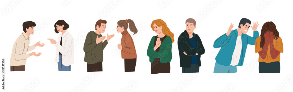 Set of quarreling people. People sort things out, swear, argue, get angry, blame and take offense at each other. Emotional characters are in conflict and yelling. Vector hand drawn illustration Set of quarreling people. People sort things out, swear, argue, get angry, blame and take offense at each other. Emotional characters are in conflict and yelling. Vector hand drawn illustration