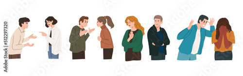 Set of quarreling people. People sort things out, swear, argue, get angry, blame and take offense at each other. Emotional characters are in conflict and yelling. Vector hand drawn illustration 