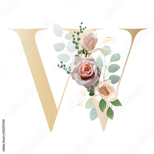Floral Alphabet. Letter with a botanical bouquet. Vector illustration.