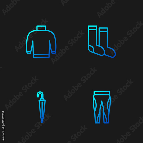 Set line Leggings, Umbrella, Sweater and Socks. Gradient color icons. Vector