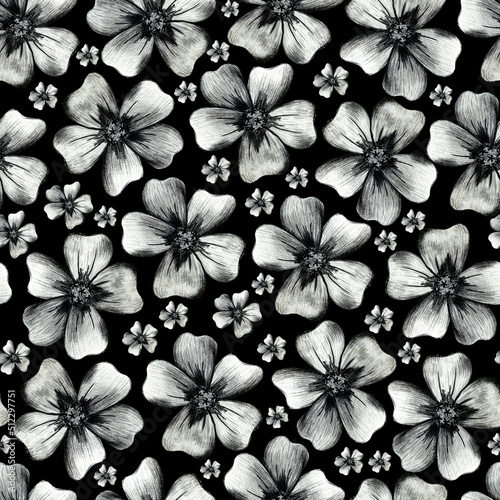 Seamless Pattern with Hand-Drawn Flower. Black Background with Thin-leaved Marigolds for Print  Design  Holiday  Wedding and Birthday Card.