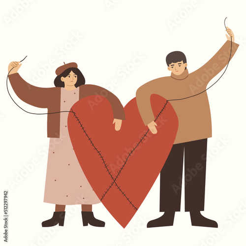 Man and woman mending a broken heart together. Vector hand drawn illustration in flat cartoon style.