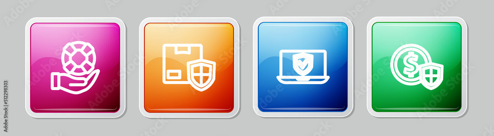 Set line Lifebuoy in hand, Delivery security with shield, Insurance online and Money. Colorful square button. Vector Set line Lifebuoy in hand, Delivery security with shield, Insurance online and Money. Colorful square button. Vector