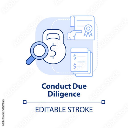 Conduct due diligence light blue concept icon. Documents research. Stage of merger abstract idea thin line illustration. Isolated outline drawing. Editable stroke. Arial, Myriad Pro-Bold fonts used